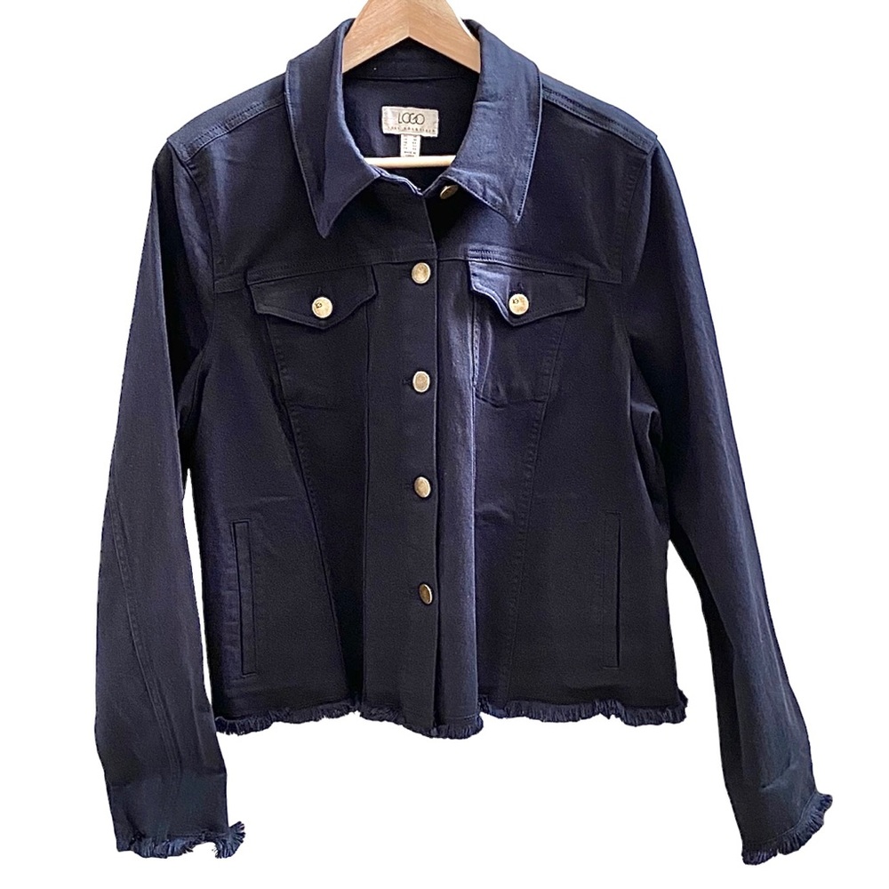 LOGO by LORI GOLDSTEIN WOMENS BLACK DENIM BUTTON-FRONT JACKET SIZE 14